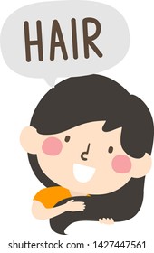 Illustration of a Kid Girl Holding, Showing and Saying Hair as Part of Naming Body Parts Series