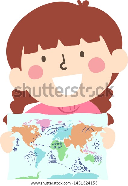 Illustration of a Kid Girl Holding a World Map\
with Her Doodles of Airplane, Submarine, Car, Sailboat, Mountains,\
Stars and Clouds