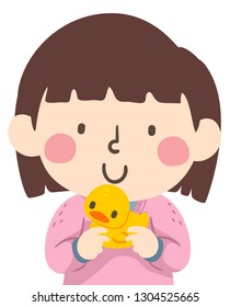 Illustration of a Kid Girl Holding a Yellow Rubber Duck