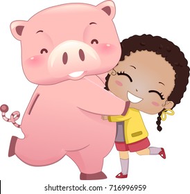 Illustration of a Kid Girl Hugging Her Piggy Bank