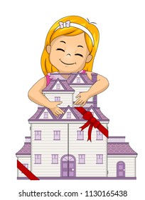 Illustration of a Kid Girl Hugging a New Doll House She Received as a Gift