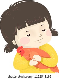 Illustration of a Kid Girl Hugging a Pet Chicken from a Farm