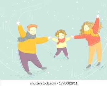 Illustration eines kid-Girl-Eises, der mit Eltern Skating und Händen hält