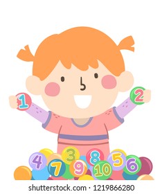 Illustration of a Kid Girl Inside a Ball Pit with a Number on Each Ball