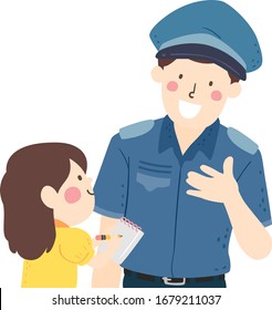 Illustration of a Kid Girl Interviewing a Police Man About His Job and Writing Notes Down