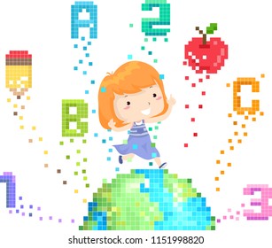 Illustration of a Kid Girl Jumping On Top of a Pixel Art Earth with School Elements from ABC, 123, Pencil to Apple