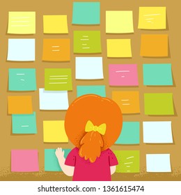 Illustration of a Kid Girl Looking at a Board Full of Notes and Paper