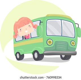 Illustration of a Kid Girl Looking Out the Windows and Traveling By Bus