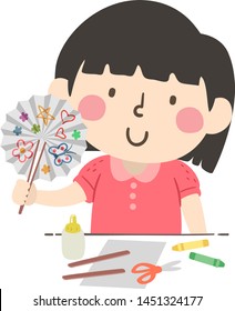 Illustration of a Kid Girl Making and Drawing on a Paper Fan with Glue, Crayons, Sticks, Paper and Scissors