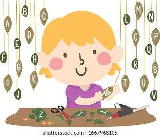 Illustration of a Kid Girl Making Hanging Leaves Art with Alphabet Letters