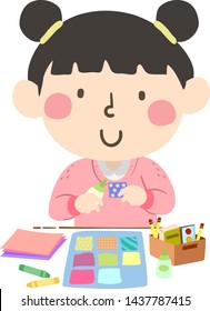 Illustration of a Kid Girl Making Paper Quilt with Scrap Paper, Glue, Crayons and Pencil