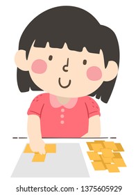 Illustration of a Kid Girl Measuring a Paper Using Smaller Square Papers, Pieces of Paper