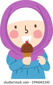 Illustration of a Kid Girl Muslim Wearing Hijab Eating Ice Cream