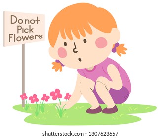 Illustration of a Kid Girl Not Following Rules by Picking Flowers with a Sign Not to Pick Them