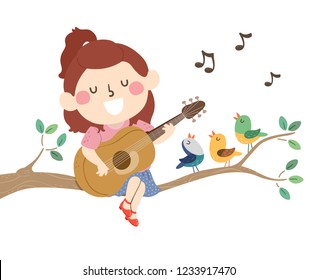 Illustration eines kleinen Mädchens in einem Zweig, Gesang und Gitarre spielen mit Vögeln singen