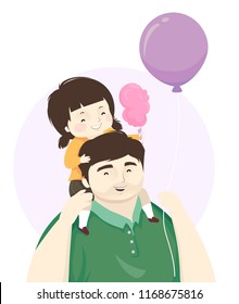 Illustration of a Kid Girl On His Fathers Shoulder with Cotton Candy and Balloon in the Amusement Park