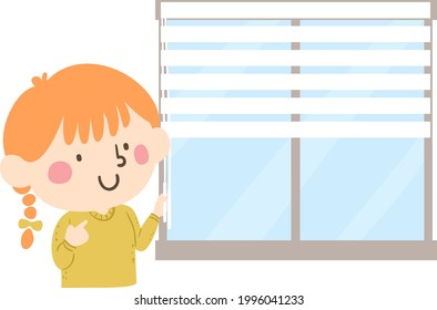 Illustration of a Kid Girl Opening the Blinds as a Window Monitor, a Classroom Job