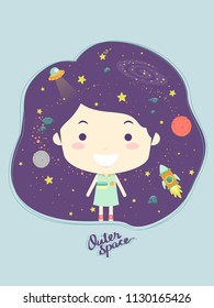 Illustration of a Kid Girl with Outer Space in Her Hair
