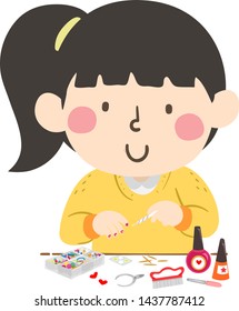 Illustration Of A Kid Girl Pasting Nail Stickers On Her Painted Nails With Nail Polish And Brush For Nail Art