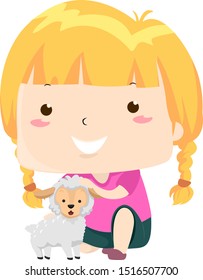 Illustration of a Kid Girl Patting a Little Lamb on Its Head. Little Adjective Sample