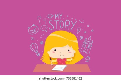 Illustration Of A Kid Girl With A Pencil And Paper Writing A Story Book About Different Things