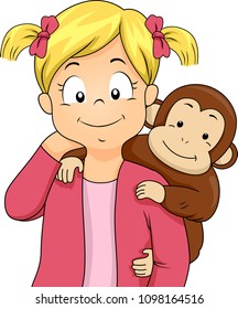Illustration of a Kid Girl with a Pet Monkey Hugging Her from Behind
