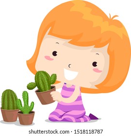Illustration of a Kid Girl Picking a Potted Prickly Cactus. Prickly Adjective Sense Word
