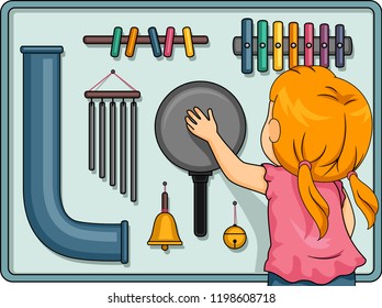 Illustration of a Kid Girl Playing with a Big Sensory Board