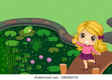 Illustration of a Kid Girl Playing By the Pond with Frog on Lotus Plant