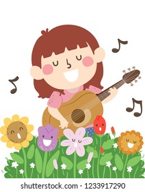 Illustration of a Kid Girl Playing the Guitar and Singing with Flower Mascots Outdoor