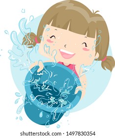 Illustration of a Kid Girl Playing and Throwing a Pail of Water and Having Fun