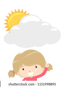 Illustration of a Kid Girl Pointing to a Blank Cloud Board with Sun Peeking. Weather Forecast