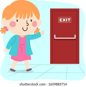 Illustration Of A Kid Girl Pointing To A Fire Exit Door With An Exit Sign