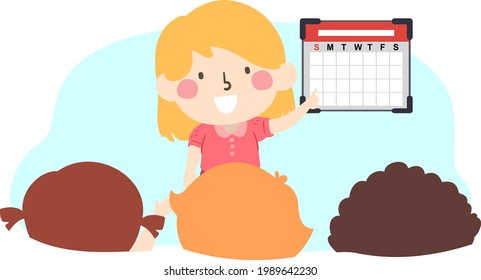 Illustration of a Kid Girl Pointing to the Kids Schedule as Calendar Helper, Classroom Duty