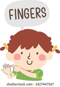 Illustration of a Kid Girl Pointing to and Saying Fingers as Part of Naming Body Parts Series