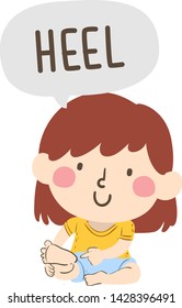 Illustration of a Kid Girl Pointing to and Saying Heel as Part of Naming Body Parts Series