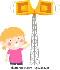 Illustration of a Kid Girl Pointing to a Tower with Siren Speaker for Announcements or as Warning Device