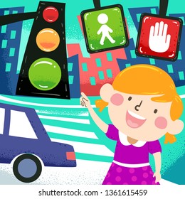Illustration of a Kid Girl Pointing at Traffic Lights and Signs. Safety and Traffic Rules
