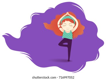 Illustration of a Kid Girl Practicing Yoga. Tree Pose