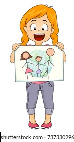 Illustration of a Kid Girl Presenting her Drawing About Her Family and the World