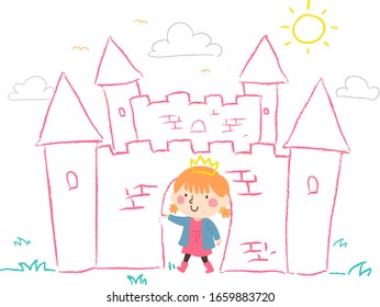 Illustration of a Kid Girl Princess Drawing a Castle with Chalk