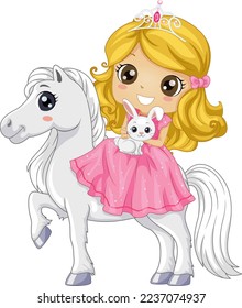 Illustration of Kid Girl Princess Wearing Gown and Crown Riding a Pony while Holding Rabbit Celebrating Birthday in Petting Zoo