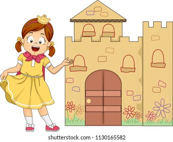 Illustration of a Kid Girl as a Princess Welcoming Us in Her Castle in a Play