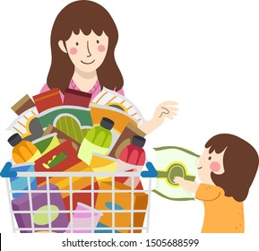 Illustration Of A Kid Girl Putting Chips On Grocery Cart, Shopping With Her Mother