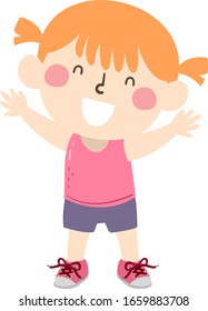 Illustration of a Kid Girl with Raised Hands, Happy After Tying Her Own Shoe Laces