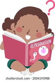 Illustration of a Kid Girl Reading About Reproduction with Sperm and Egg and a Question Mark