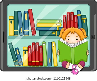 Illustration of a Kid Girl Reading a Book with a Computer Tablet with Books. Digital Library Concept