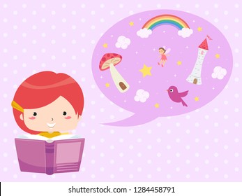 Illustration of a Kid Girl Reading a Book with Speech Bubble with Mushroom, Tower, Fairy and Rainbow