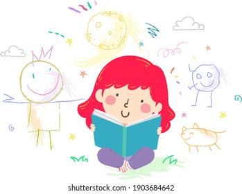 Illustration of a Kid Girl Reading a Book with Doodles Around Her that She Imagined Drawing