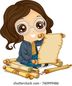 Illustration of a Kid Girl Reading an Old Scroll Among Many Paper Scrolls